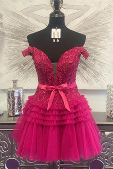Sparkly Fuchsia A-Line Tiered Corset Homecoming Dress with Lace