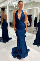 Load image into Gallery viewer, Dark Blue Mermaid Backless Long Prom Dress