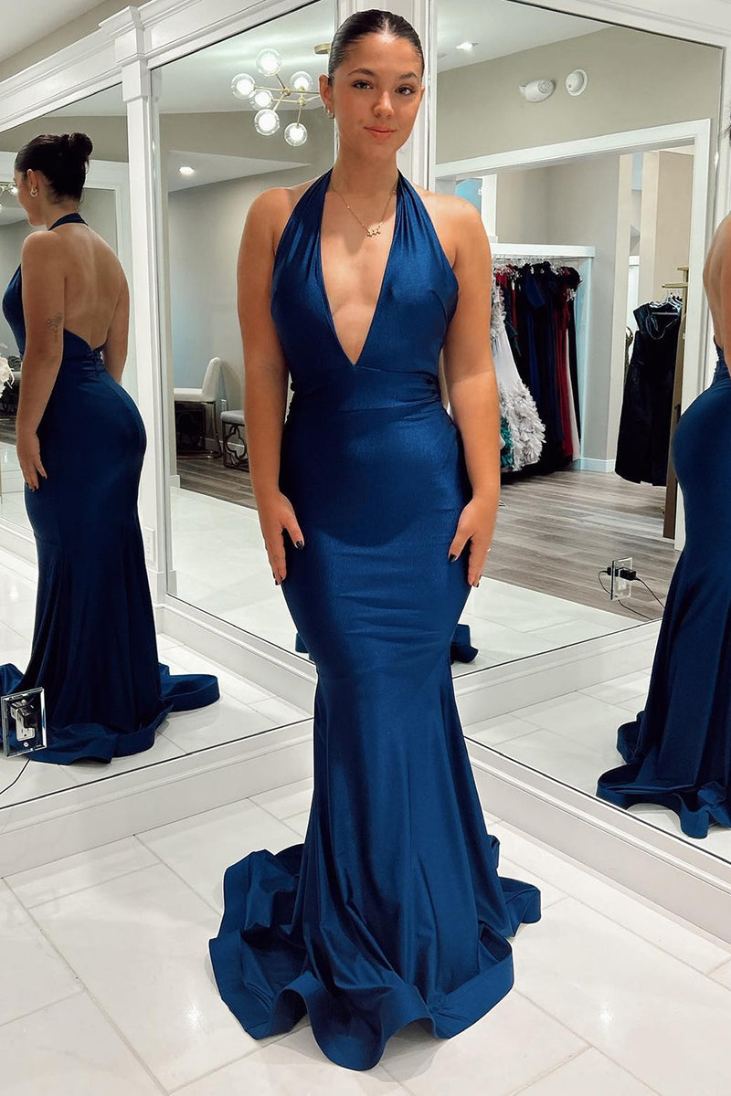 Load image into Gallery viewer, Dark Blue Mermaid Backless Long Prom Dress