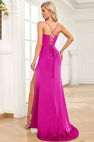 Load image into Gallery viewer, Fuchsia Mermaid Spaghetti Straps Satin Prom Dress with Slit Front