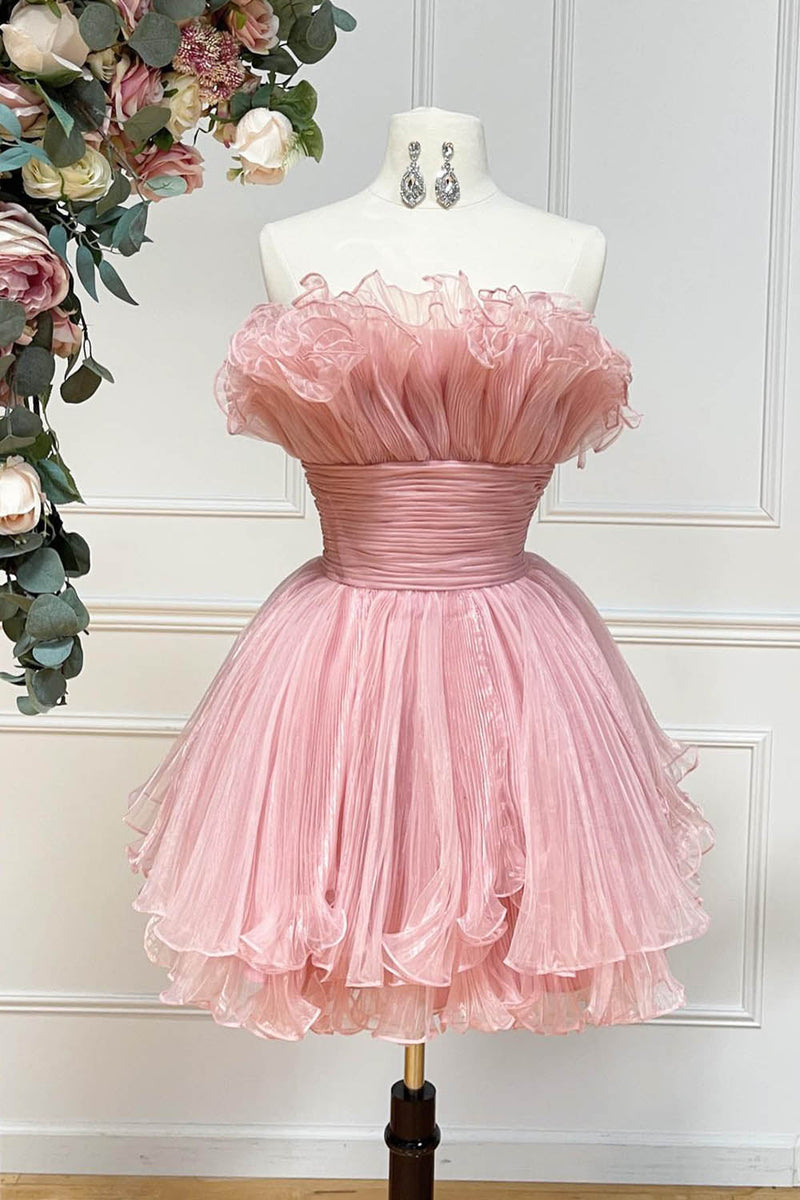 Load image into Gallery viewer, Blue A-Line Strapless Tulle Homecoming Dress with Ruffles