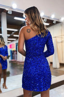 Load image into Gallery viewer, Sparkly Red One Shoulder Sequined Homecoming Dress with Slit