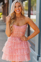 Load image into Gallery viewer, A Line Light Blue Sequins Corset Short Homecoming Dress
