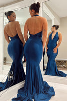 Load image into Gallery viewer, Dark Blue Mermaid Backless Long Prom Dress