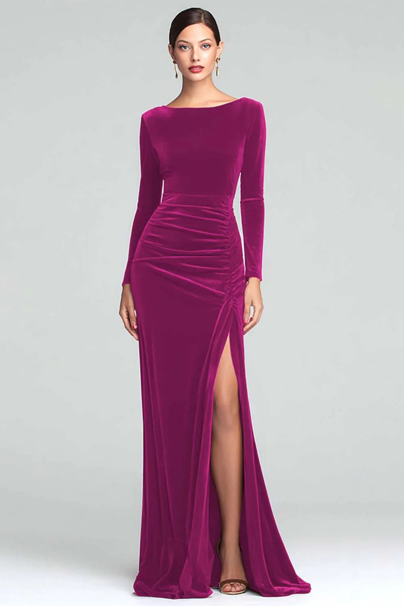 Load image into Gallery viewer, Burgundy Velvet Boat Neck Ruched Long Sleeves Holiday Party Dress