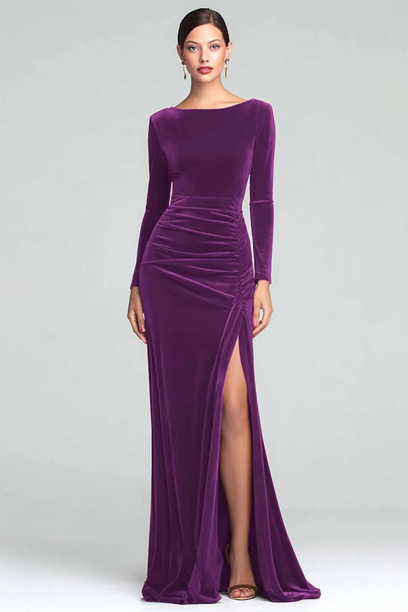 Load image into Gallery viewer, Burgundy Velvet Boat Neck Ruched Long Sleeves Holiday Party Dress