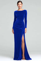 Load image into Gallery viewer, Burgundy Velvet Boat Neck Ruched Long Sleeves Holiday Party Dress