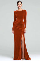 Load image into Gallery viewer, Burgundy Velvet Boat Neck Ruched Long Sleeves Holiday Party Dress