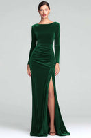 Load image into Gallery viewer, Burgundy Velvet Boat Neck Ruched Long Sleeves Holiday Party Dress