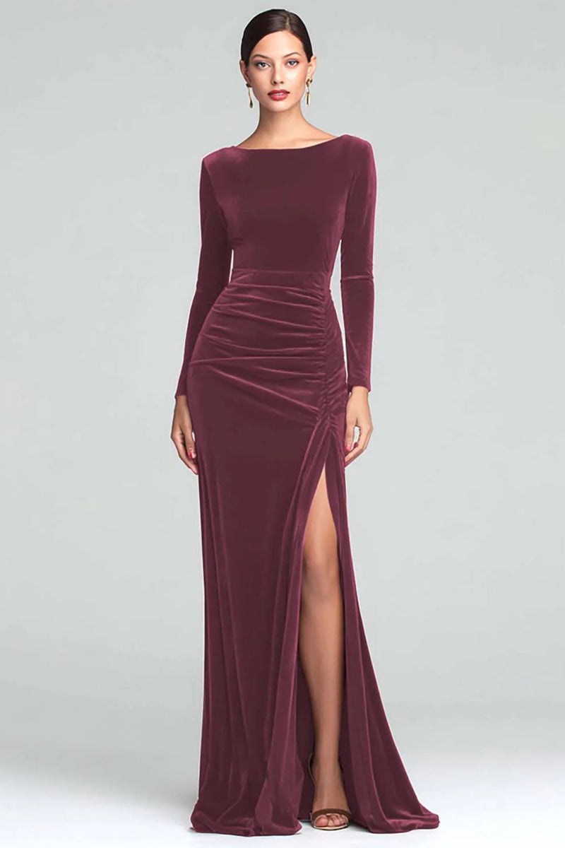 Load image into Gallery viewer, Burgundy Velvet Boat Neck Ruched Long Sleeves Holiday Party Dress