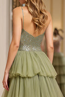 Load image into Gallery viewer, Dusty Sage Sequins A Line Tiered Long Tulle Prom Dress