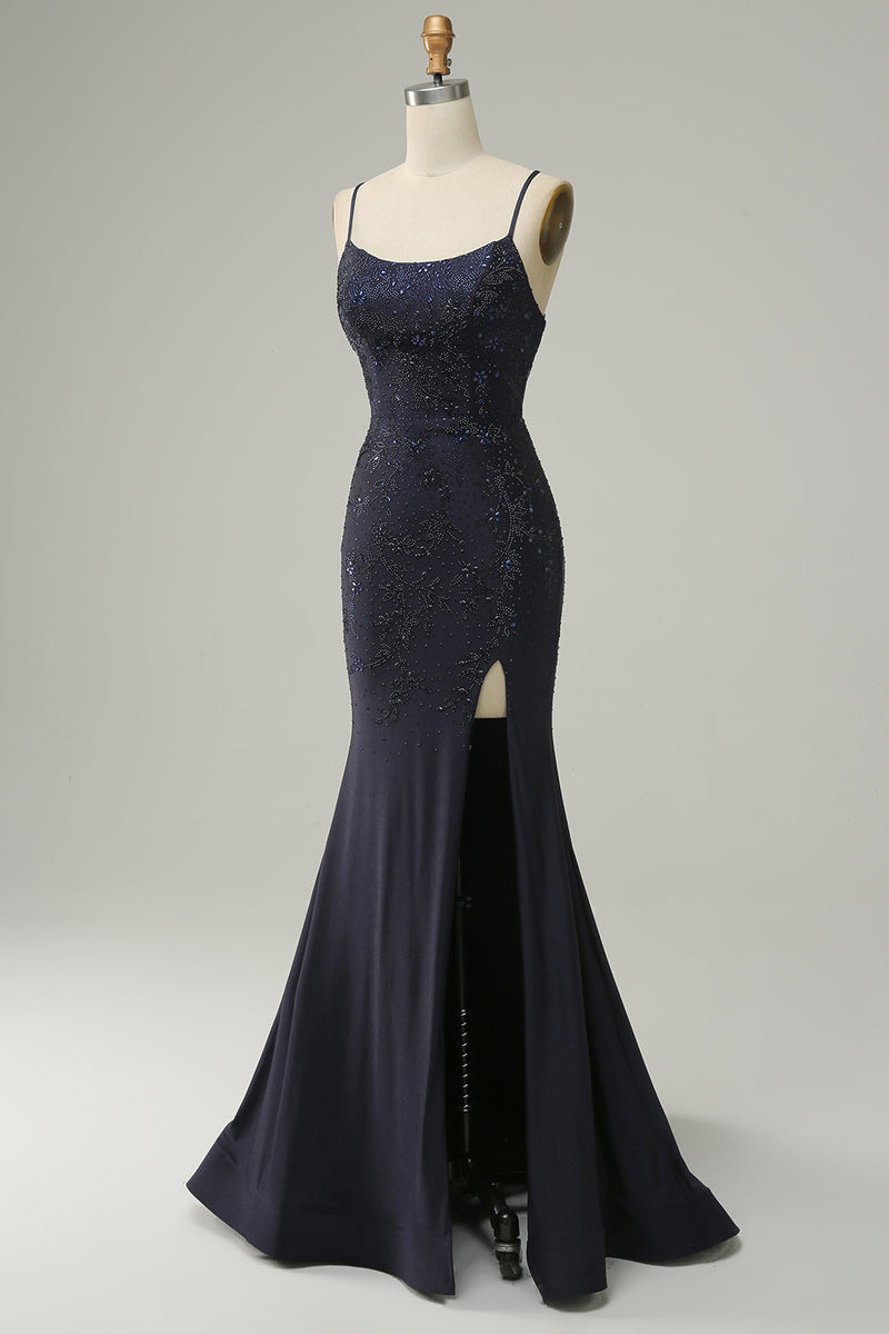 Load image into Gallery viewer, Navy Spaghetti Straps Beaded Mermaid Prom Dress with Slit