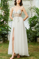 Load image into Gallery viewer, Tulle Spaghetti Straps White Long Prom Dress with Beading