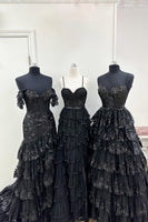 Load image into Gallery viewer, Glitter Black A-Line Lace Long Prom Dress with Slit