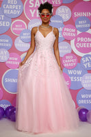 Load image into Gallery viewer, A Line Spaghetti Straps Pink Long Prom Dress with Appliques