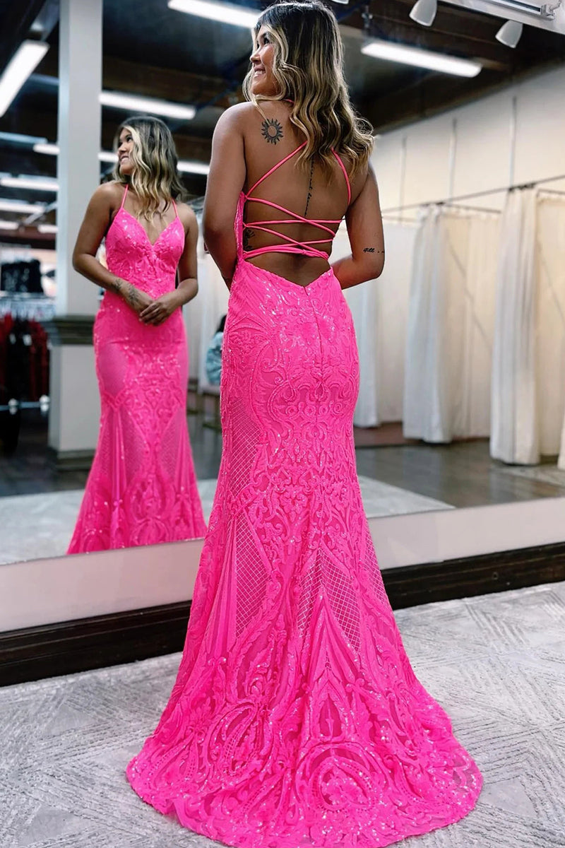 Queendancer Women Hot Pink Sequins Long Prom Dress Sparkly Mermaid Backless Formal Dress – queendancer