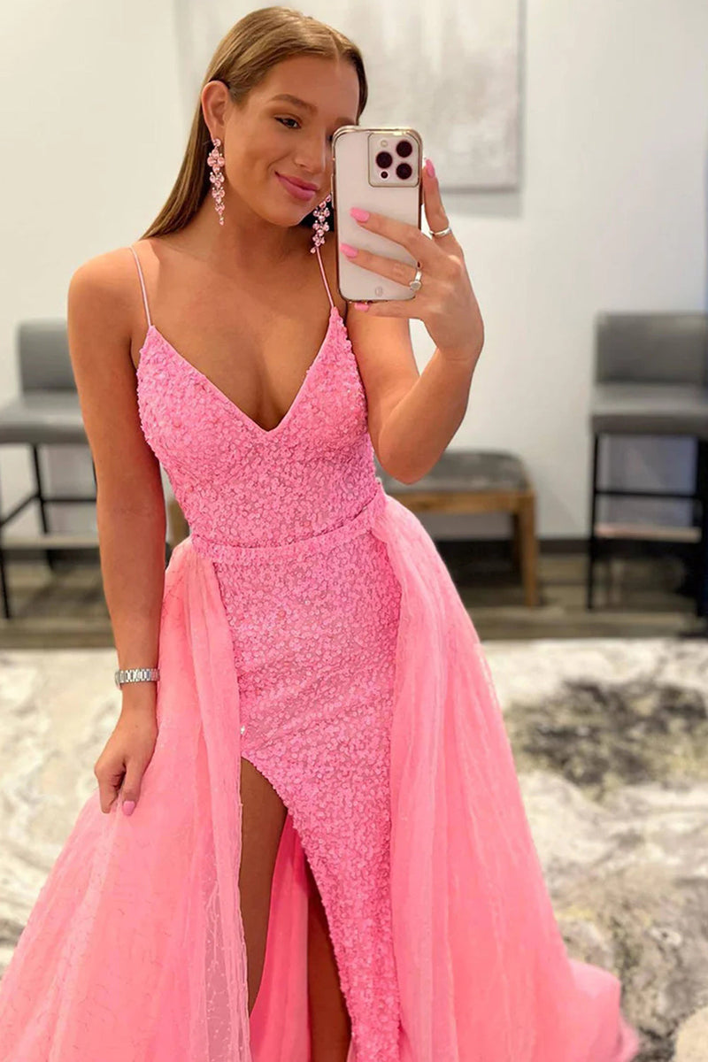 Load image into Gallery viewer, Sparkly Pink Detachable Train Sequins Prom Dress with Slit