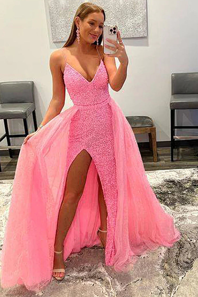 Load image into Gallery viewer, Sparkly Pink Detachable Train Sequins Prom Dress with Slit