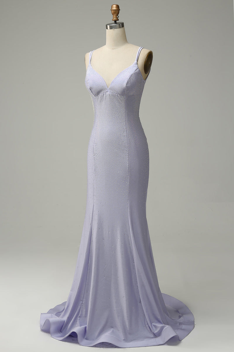 Load image into Gallery viewer, Mermaid Spaghetti Straps Lilac Long Prom Dress with Backless