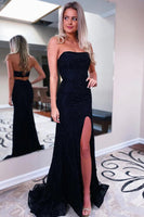 Load image into Gallery viewer, Sheath Strapless Black Sequins Long Prom Dress with Split Front