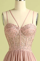 Load image into Gallery viewer, Pink Sheath Tulle Spaghetti Straps Long Corset Prom Dress With Slit