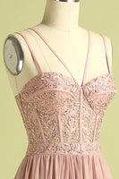 Load image into Gallery viewer, Pink Sheath Tulle Spaghetti Straps Long Corset Prom Dress With Slit