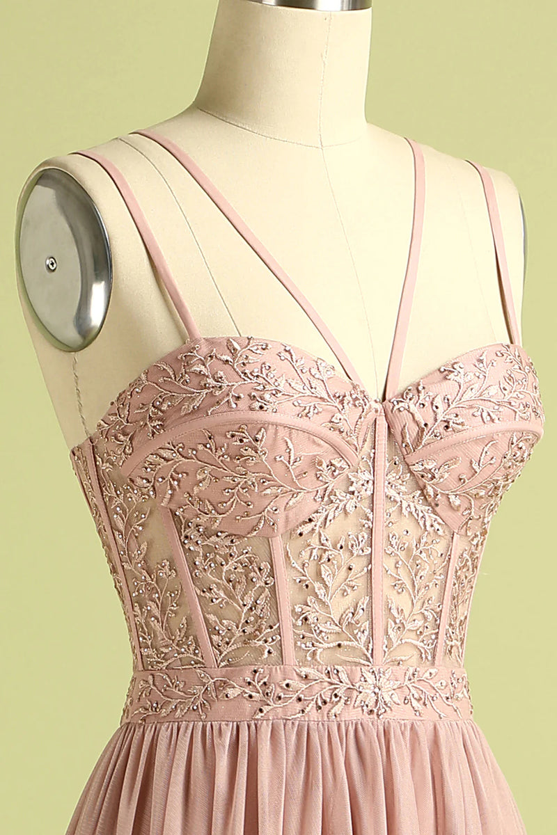 Load image into Gallery viewer, Pink Sheath Tulle Spaghetti Straps Long Corset Prom Dress With Slit