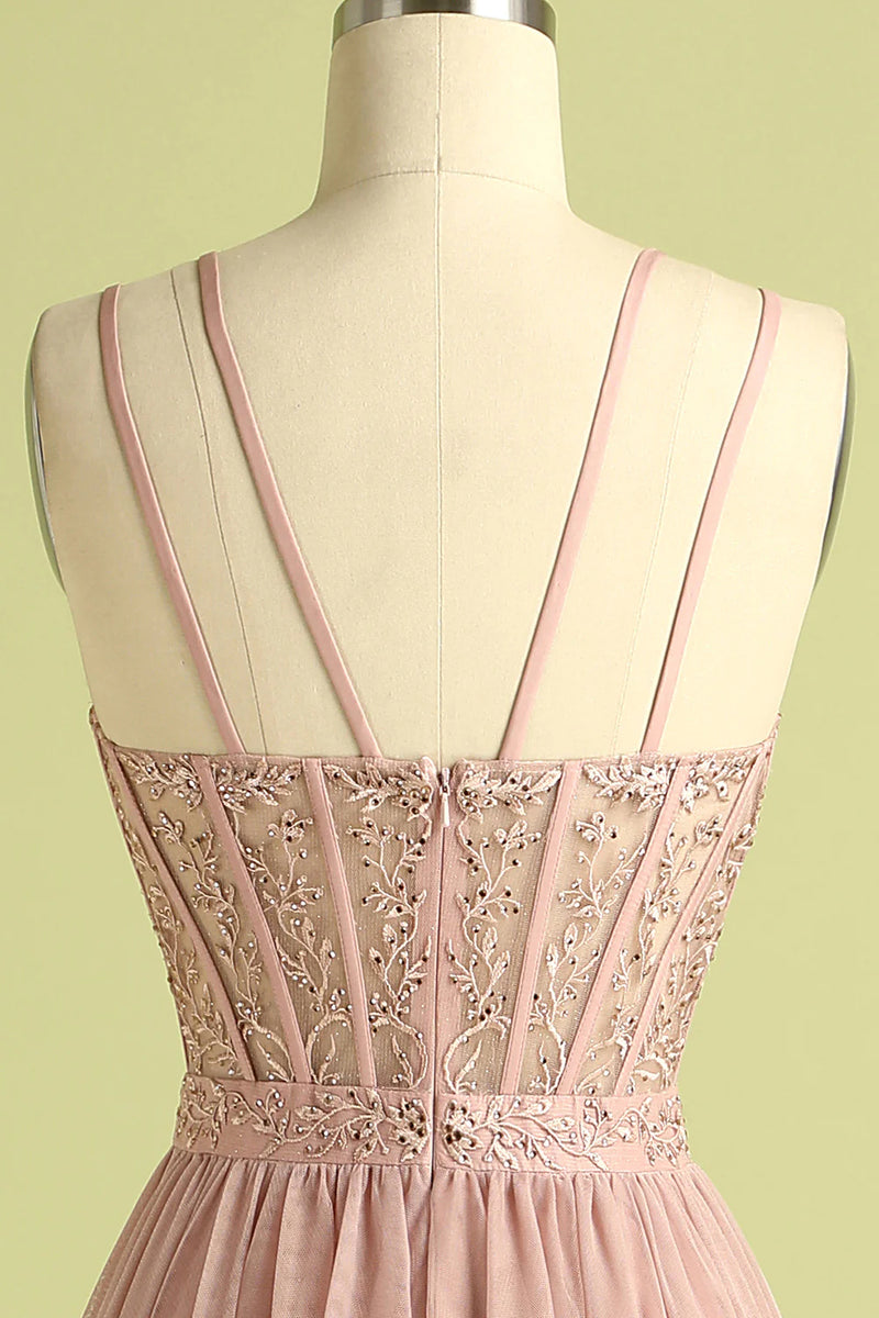 Load image into Gallery viewer, Pink Sheath Tulle Spaghetti Straps Long Corset Prom Dress With Slit