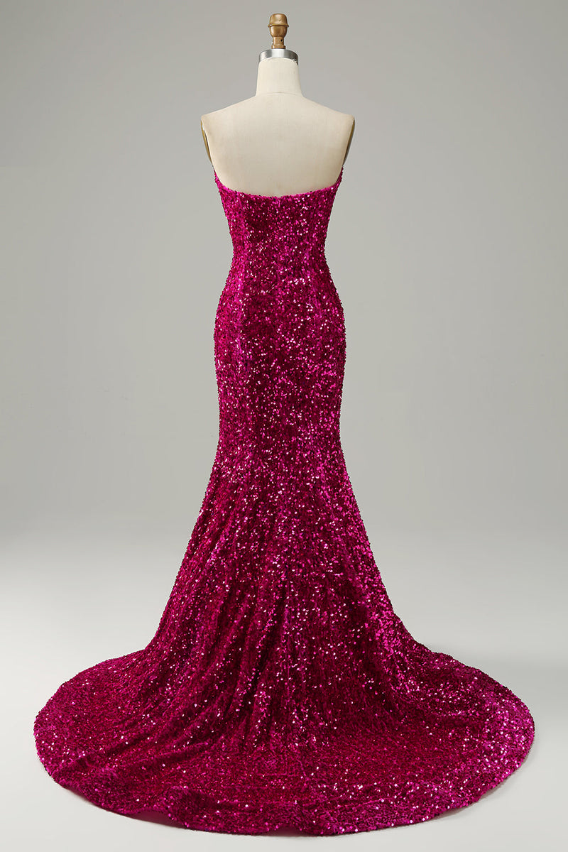 Load image into Gallery viewer, Fuchsia Sweetheart Neck Sequined Mermaid Prom Dress With Sweep Train