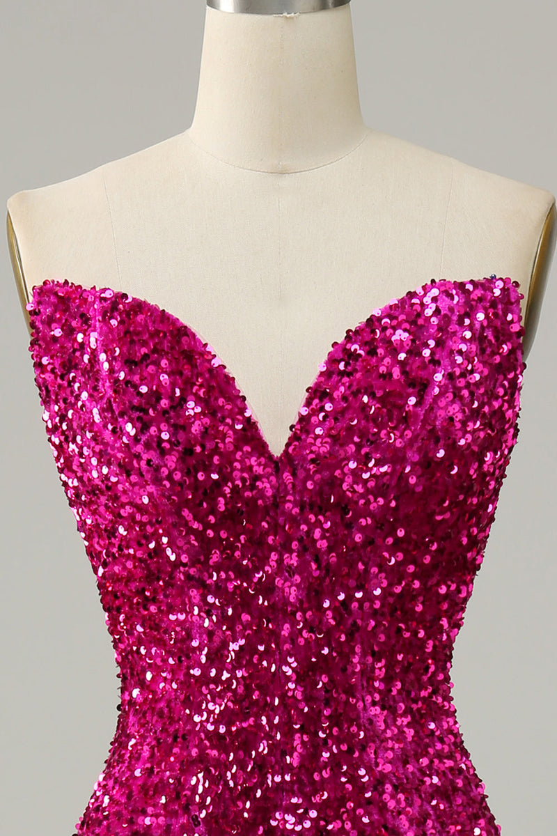 Load image into Gallery viewer, Fuchsia Sweetheart Neck Sequined Mermaid Prom Dress With Sweep Train