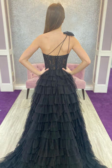 Black Tulle A Line One Shoulder Tiered Long Corset Prom Dress with Slit