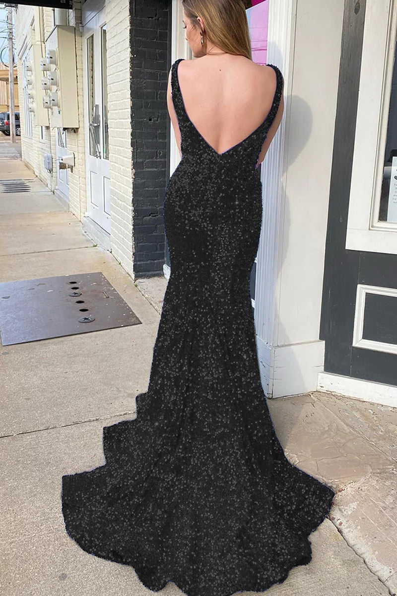 Load image into Gallery viewer, Mermaid Deep V Neck Purple Sequins Prom Dress with Open Back