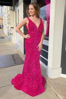 Load image into Gallery viewer, Mermaid Deep V Neck Purple Sequins Prom Dress with Open Back