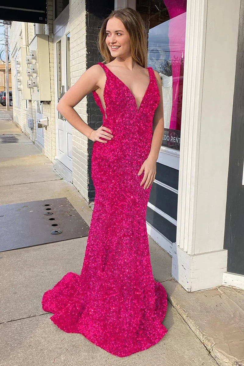 Load image into Gallery viewer, Mermaid Deep V Neck Purple Sequins Prom Dress with Open Back