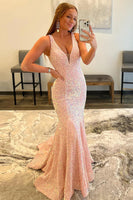 Load image into Gallery viewer, Mermaid Deep V Neck Purple Sequins Prom Dress with Open Back