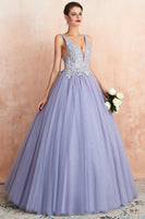 Load image into Gallery viewer, A-Line Deep V Neck Purple Prom Dress