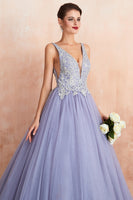Load image into Gallery viewer, A-Line Deep V Neck Purple Prom Dress