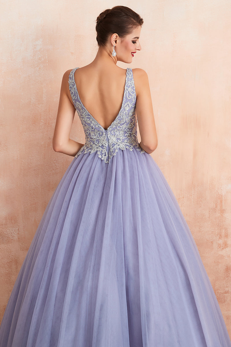 Load image into Gallery viewer, A-Line Deep V Neck Purple Prom Dress