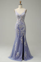 Load image into Gallery viewer, Mermaid V Neck Light Blue Long Prom Dress with Appliques Beading