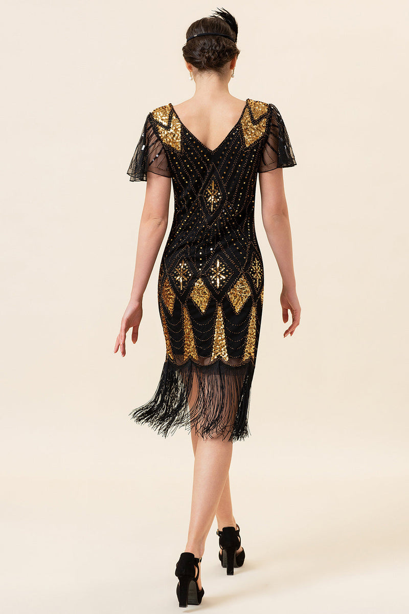 Load image into Gallery viewer, Black & Gold Sequins 1920s Flapper Dress with 20s Accessories Set