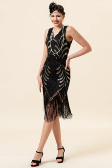 Black V Neck Sequin 1920s Flapper Dress with 20s Accessories Set