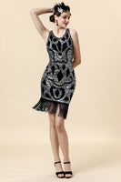 Load image into Gallery viewer, Scoop Neck Black Silver 1920s Dress