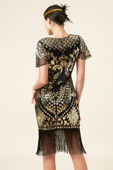 Black and Gold Sequin 1920 Dress with Batwing Sleeves