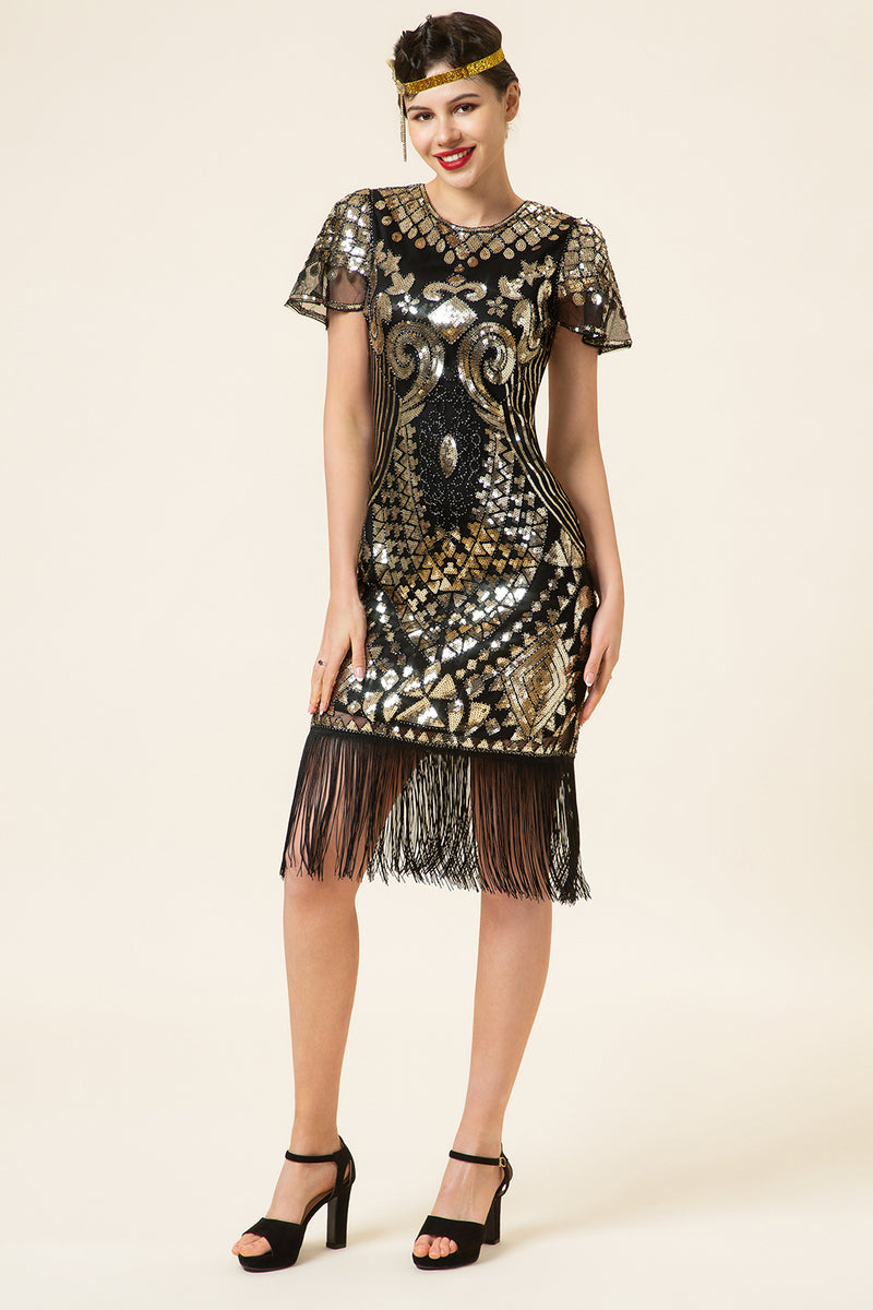 Load image into Gallery viewer, Black and Gold Sequin 1920 Dress with Batwing Sleeves