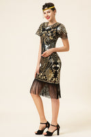 Load image into Gallery viewer, Black and Gold Sequin 1920 Dress with Batwing Sleeves