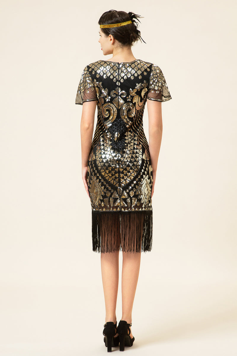 Load image into Gallery viewer, Black and Gold Sequin 1920 Dress with Batwing Sleeves