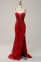 Load image into Gallery viewer, Mermaid Spaghetti Straps Royal Blue Sequins Long Prom Dress with Split Front