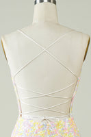 Load image into Gallery viewer, White Spaghetti Straps Tight Homecoming Dress with Rainbow Sequins