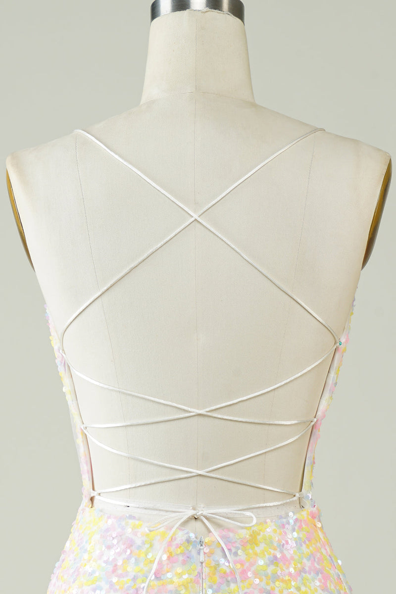 Load image into Gallery viewer, White Spaghetti Straps Tight Homecoming Dress with Rainbow Sequins
