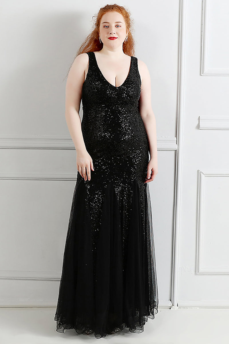 Load image into Gallery viewer, Black V-Neck Sequins Tulle Plus Size Prom Dress